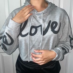 Grey Long Sleeved Love Crop Top Sweater w/ Hoodie